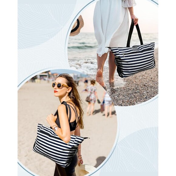 Women's Blue Stripe Tote Bag Large Utility Bag with Pockets Zip for Teacher Work - Picture 6 of 7